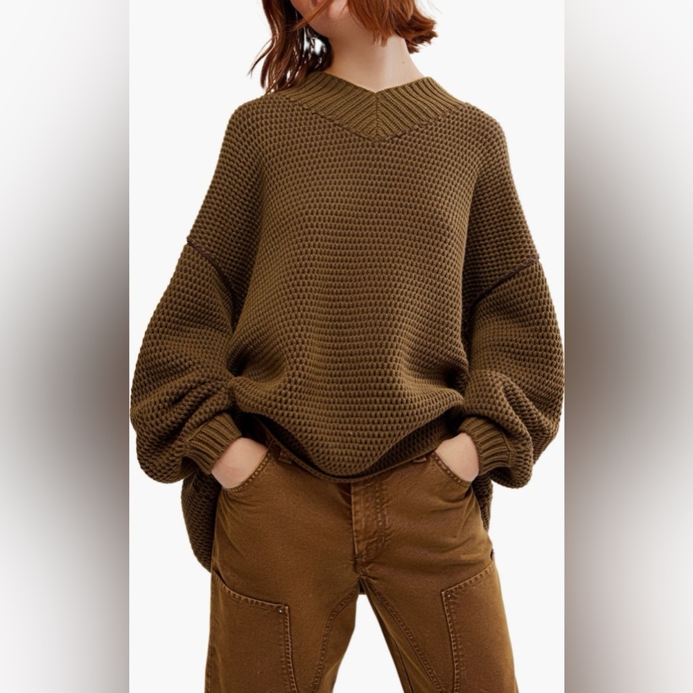 Free People Olive/Brown V-Neck Sweater